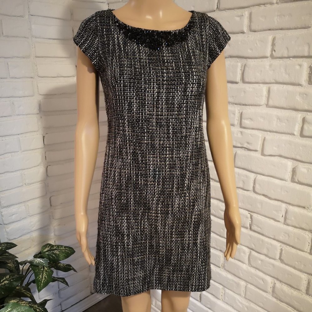 Banana Republic Ladies Black, White, & Moss Tweed Cap Sleeves Dress
